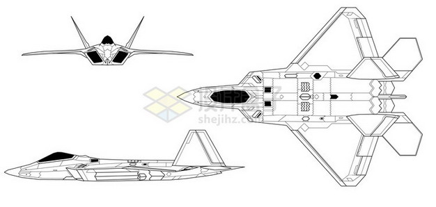 f22猛禽战斗机手绘线条三视图png免抠图片素材 军事科幻