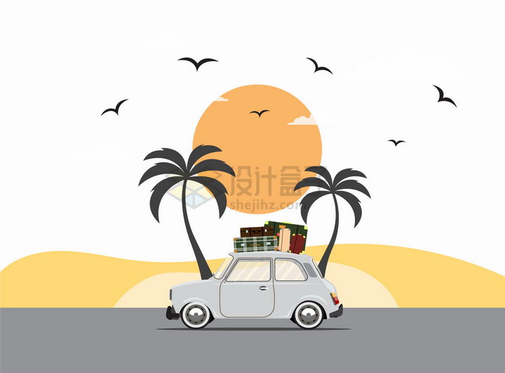 夕阳西下下的卡通旅行小汽车顶上放在行李箱png图片免抠eps矢量素材 交通运输-第1张