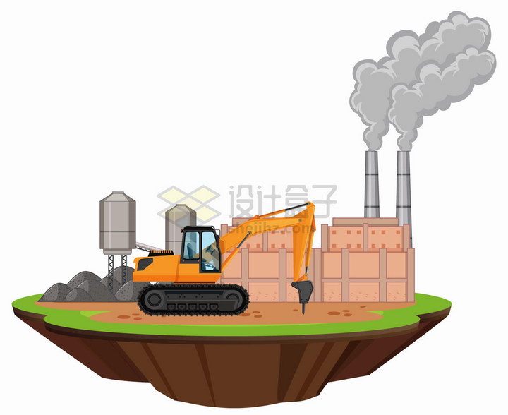 悬空岛上冒烟的工厂和钻探地面的工程机械png图片免抠eps矢量素材 工业农业-第1张