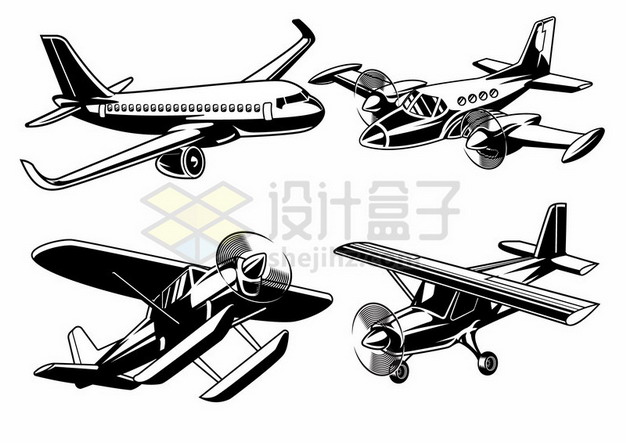 黑白色大型客机螺旋桨飞机插画635985 png图片素材 交通运输-第1张