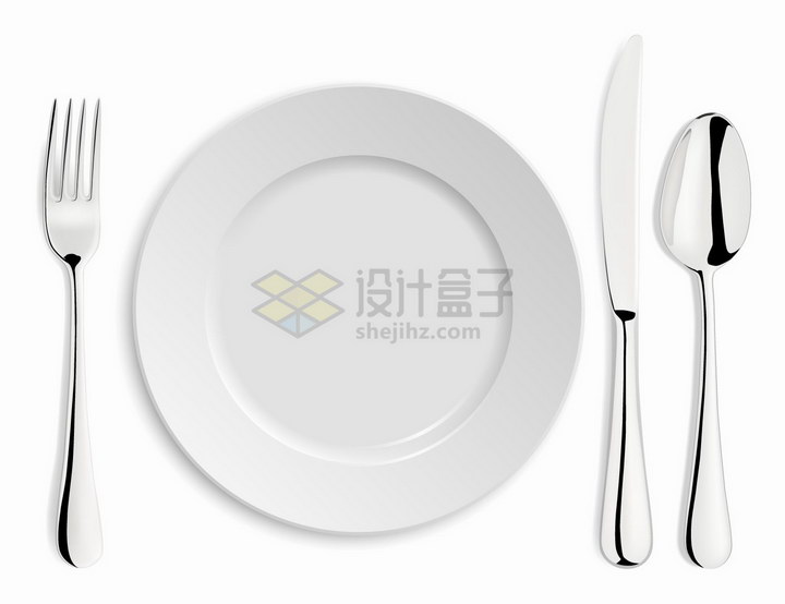 白色盘子和金属光泽的刀叉勺子西餐餐具png图片免抠矢量素材