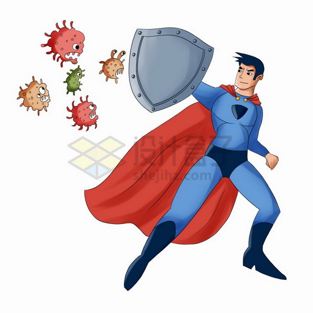 卡通超人拿着盾牌抵挡新型冠状病毒的进攻3218473png免抠图片素材 健康医疗-第1张