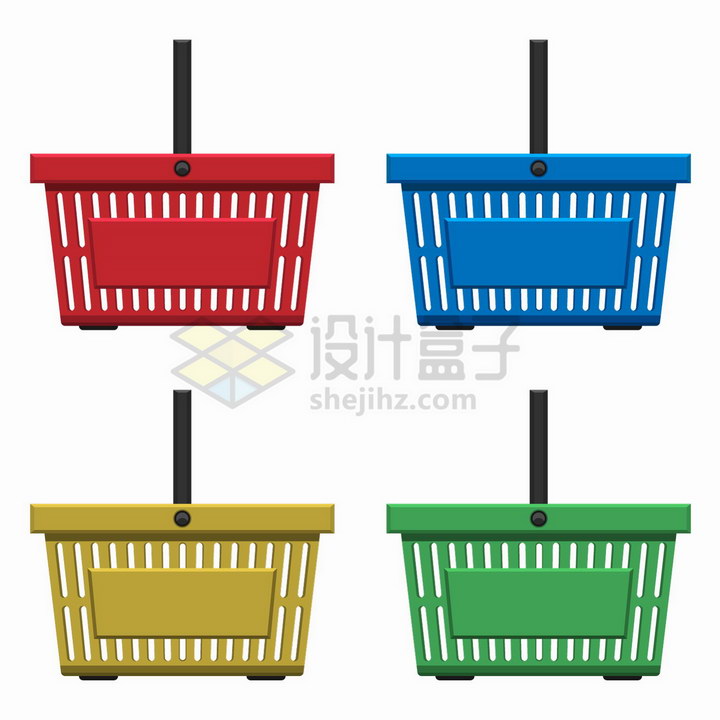 红蓝黄绿四种颜色的超市购物篮侧面图png图片免抠矢量素材 生活素材-第1张