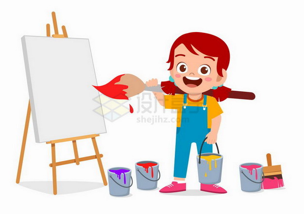 卡通小女孩扛着画笔在画板上绘画png图片免抠矢量素材 教育文化-第1张