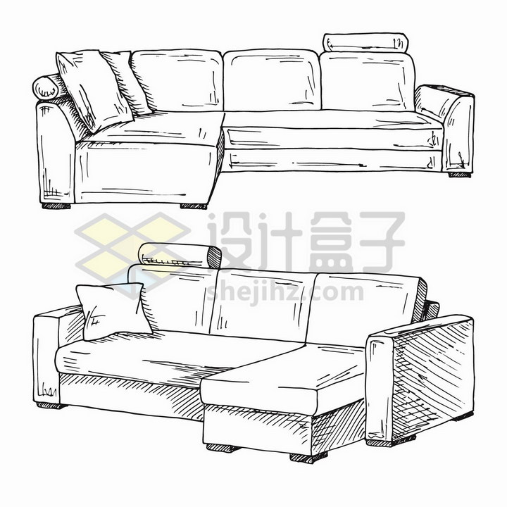 手绘素描风格两套客厅组合沙发png图片免抠矢量素材