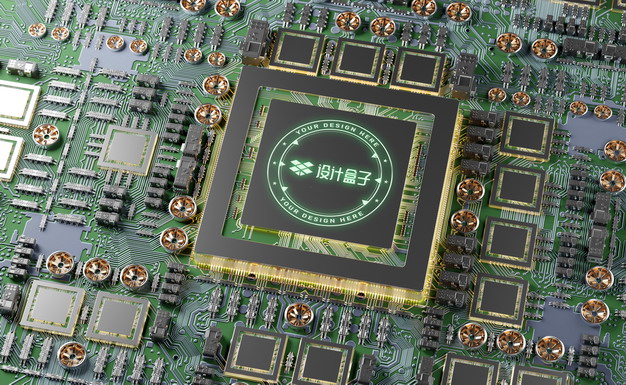逼真的科技风格的集成电路芯片CPU表面发光图案psd样机图片模板素材 样机-第1张