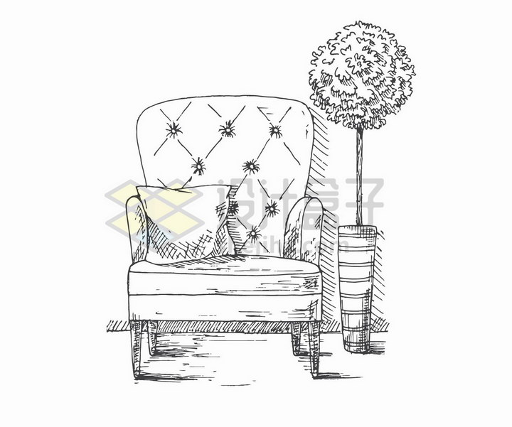 手绘素描风格放着靠枕的单人沙发和旁边的盆栽png图片免抠矢量素材