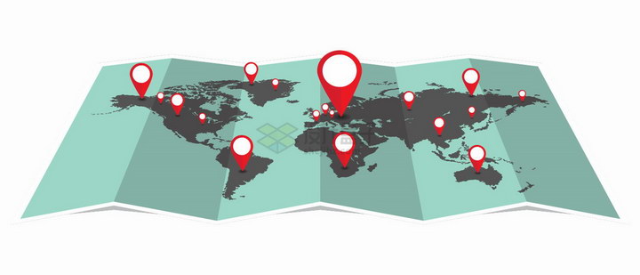 摊开的世界地图和上面的红色定位图标旅游旅行配图png图片免抠矢量素材 科学地理-第1张