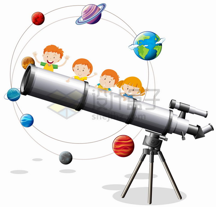 一架银灰色的家用天文望远镜和可爱的孩子们png图片免抠矢量素材 教育文化-第1张