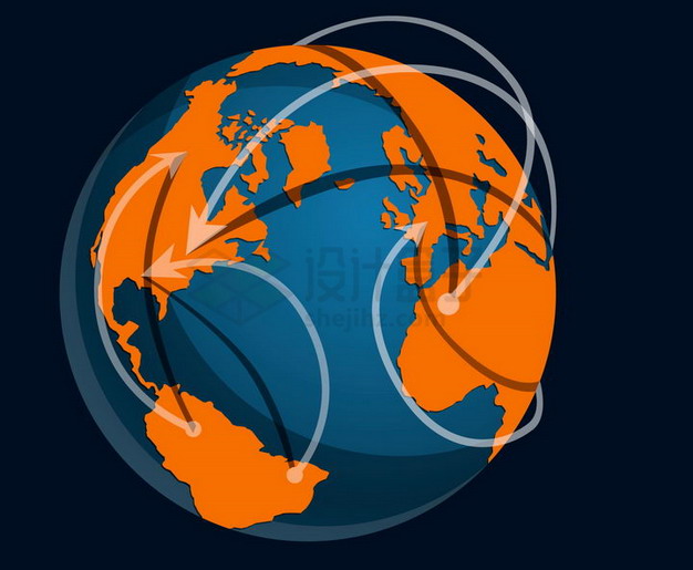 蓝色地球模型橙色大陆上面的白色箭头png图片免抠矢量素材 科学地理-第1张