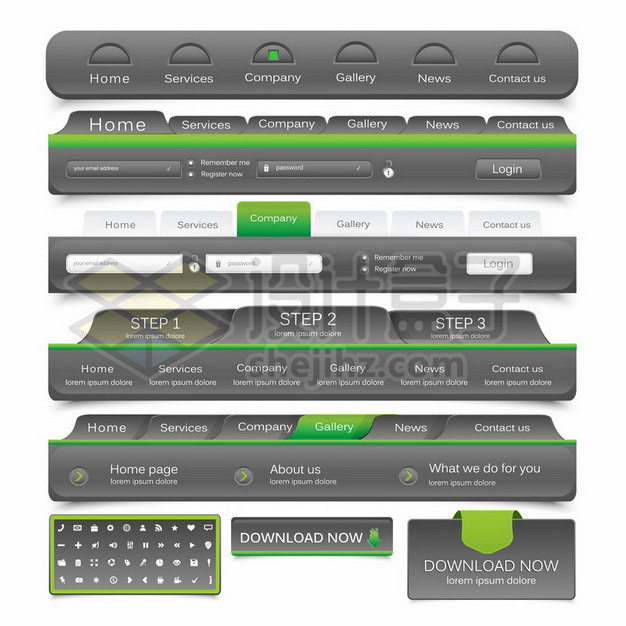 各种立体风格灰色绿色网站导航菜单设计样式png图片素材 UI-第1张