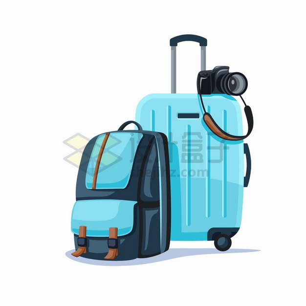 蓝色双肩背包和旅行箱包和照相机旅游用品png图片素材 生活素材-第1张