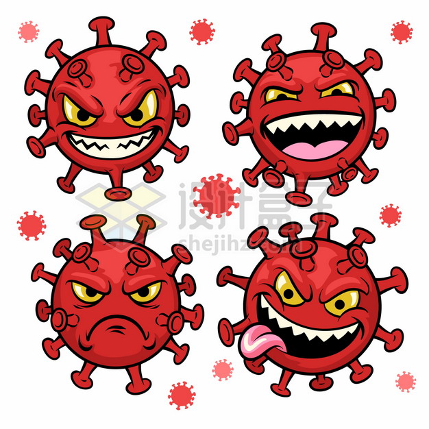 4款红色新型冠状病毒卡通表情包png图片素材 健康医疗-第1张