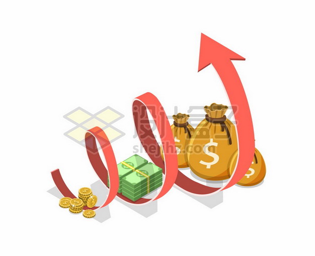 金币钞票钱袋子和螺旋上升的红色箭头250627png图片素材 金融理财-第1张