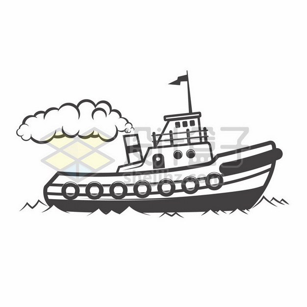 冒烟的卡通渔船黑白插画946079png图片素材