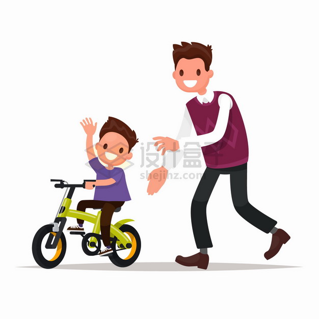 小男孩正在爸爸的陪伴下学骑自行车扁平插画png图片免抠矢量素材 人物素材-第1张