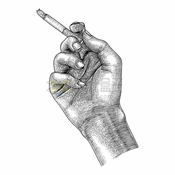 拿着香烟的手手绘素描插画png图片免抠矢量素材
