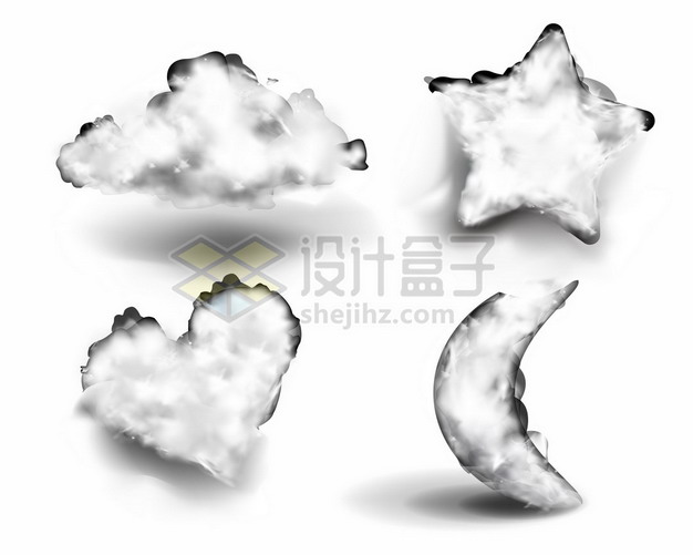 4款白色的五角星心形弯月形白云png矢量图片素材 设计盒子