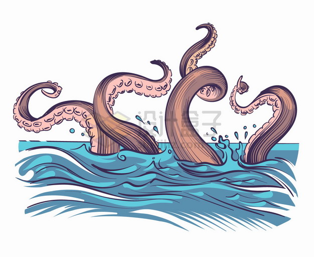 蓝色海水中伸出来的章鱼触须卡通漫画png图片素材 插画-第1张