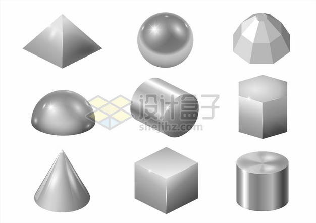 金属光泽金字塔形圆球半球形圆柱体圆锥体立方体等3D立体形状png图片素材 线条形状-第1张