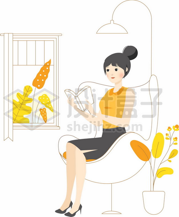 知性美女坐在窗边的椅子上看书手绘插画347686png图片素材 人物素材-第1张
