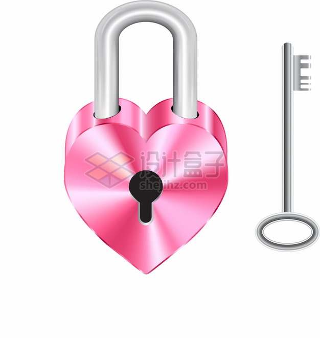 金属光泽粉红色心形挂锁和银色钥匙象征了爱情png图片素材