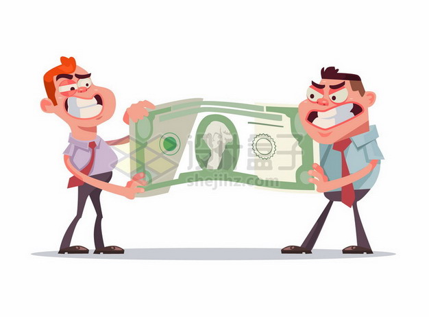 两个卡通男人抢夺一张美元钞票png图片素材 商务职场-第1张