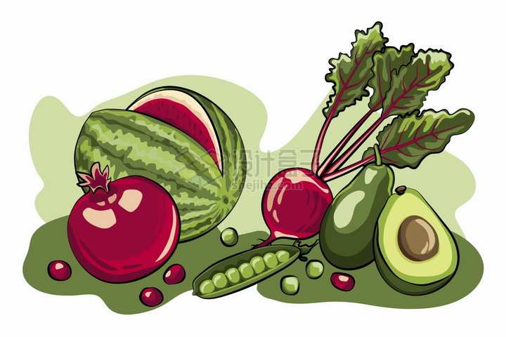 西瓜石榴萝卜豌豆牛油果等美味蔬菜水果彩绘插画png图片免抠矢量素材