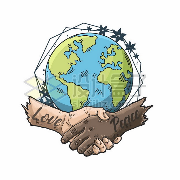 手绘地球和握手象征了爱与和平宣传插画png图片素材 设计盒子