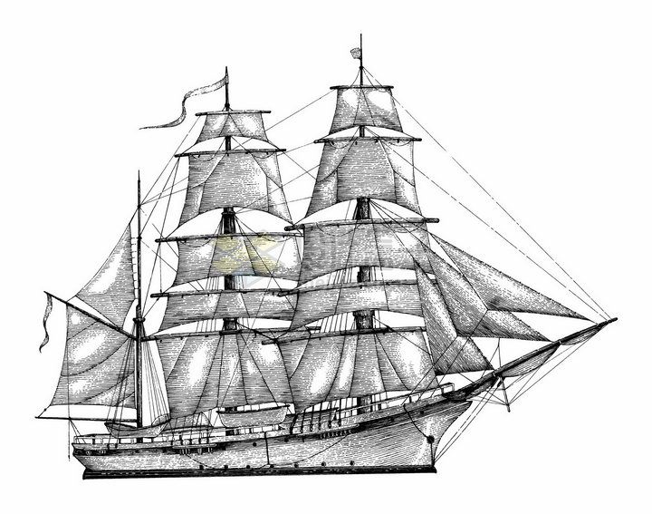 一艘复古大型帆船手绘素描插画png图片免抠矢量素材 设计盒子