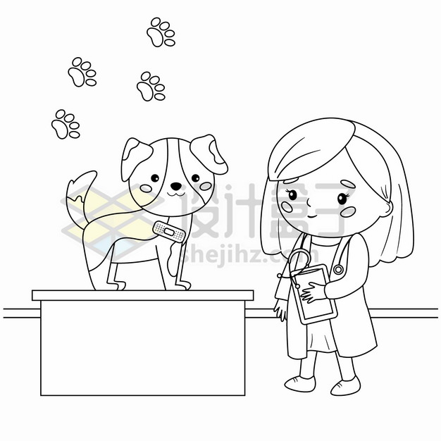 宠物医生检查狗狗身体健康手绘线条插画png图片素材 简笔画