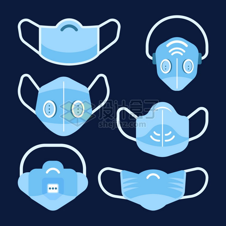 6款扁平化风格蓝色N95口罩和一次性医用口罩png图片免抠矢量素材 健康医疗-第1张