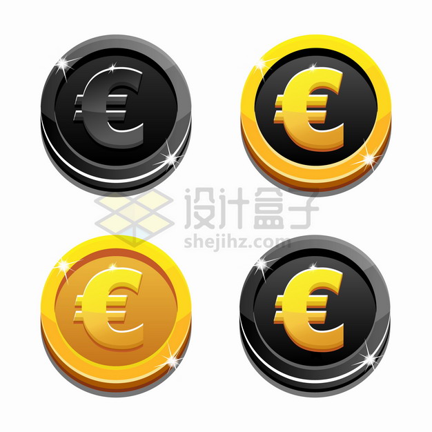 4款黑色和金色组合的卡通欧元符号硬币png图片素材 金融理财-第1张