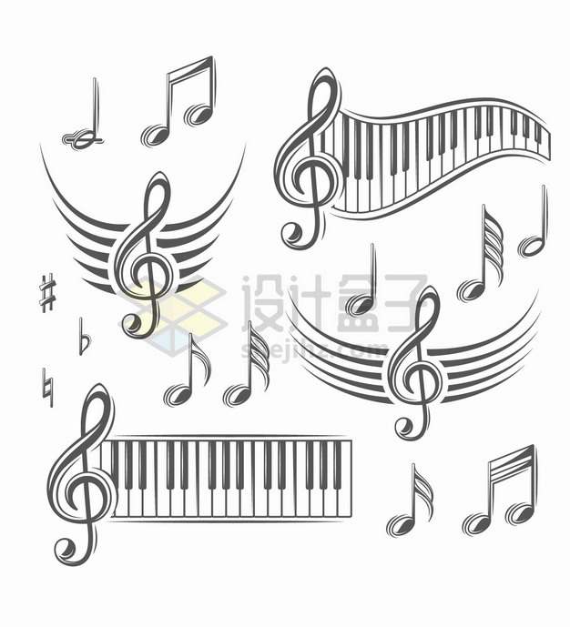 各种黑色的音符五线谱钢琴键等音乐元素png图片素材