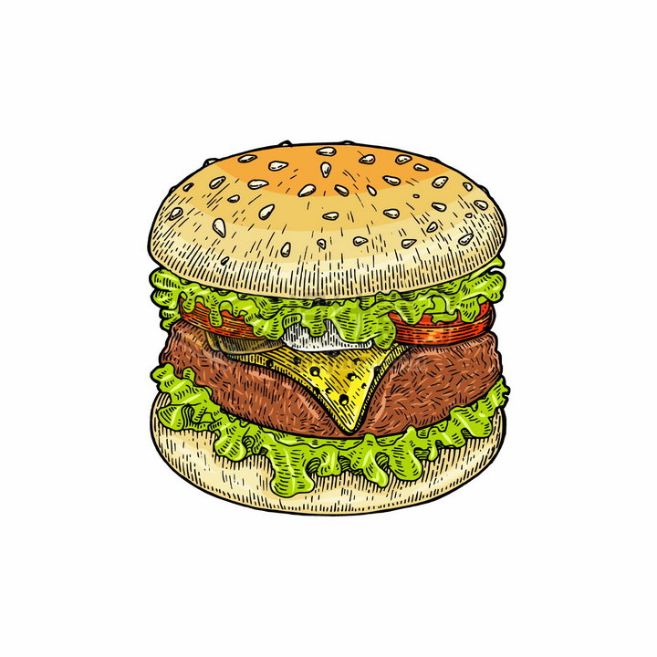 汉堡包美味西餐美食彩色手绘素描插画png图片免抠矢量素材 生活素材-第1张