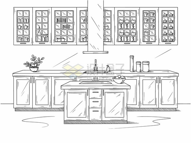 橱柜和厨房手绘素描插画png图片素材