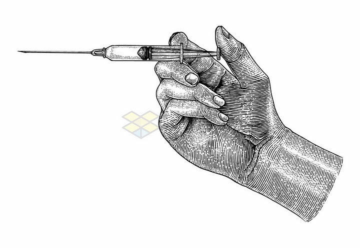 医生的手拿着一次性注射器手绘素描插画png图片免抠矢量素材