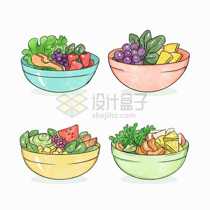 4款水果拼盘蔬菜色拉彩绘美味美食png图片免抠矢量素材