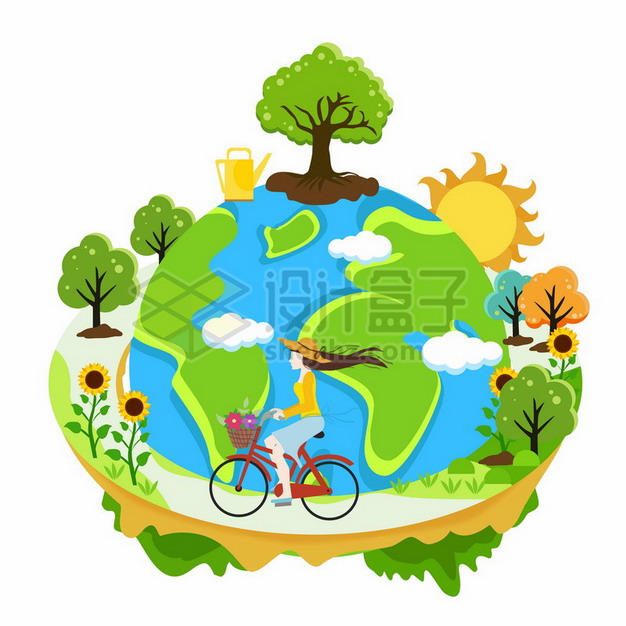 女孩骑自行车围绕卡通绿色地球环保主题插画972905png图片素材