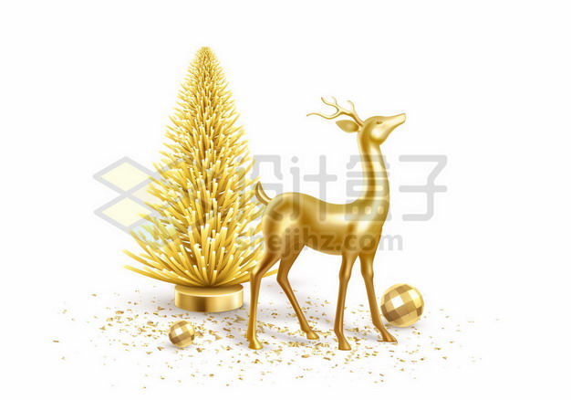 创意金色驯鹿和圣诞树圣诞球圣诞节装饰313921png图片素材 节日素材-第1张