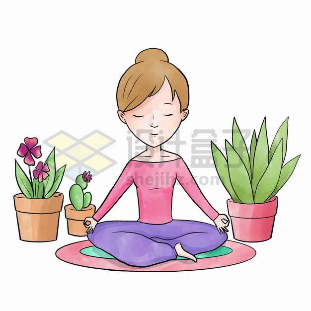练习瑜伽盘腿静坐打坐放空思想冥想的女人手绘插画png图片素材