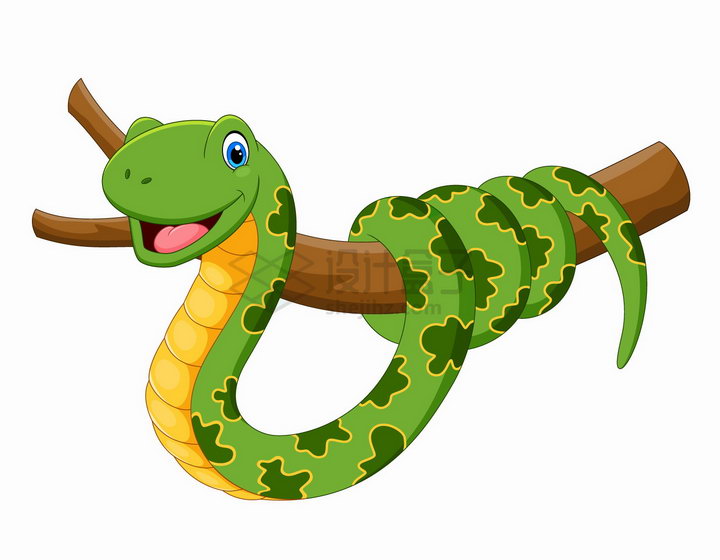 缠绕在树上的绿色蟒蛇可爱卡通动物png图片免抠矢量素材 生物自然-第1张