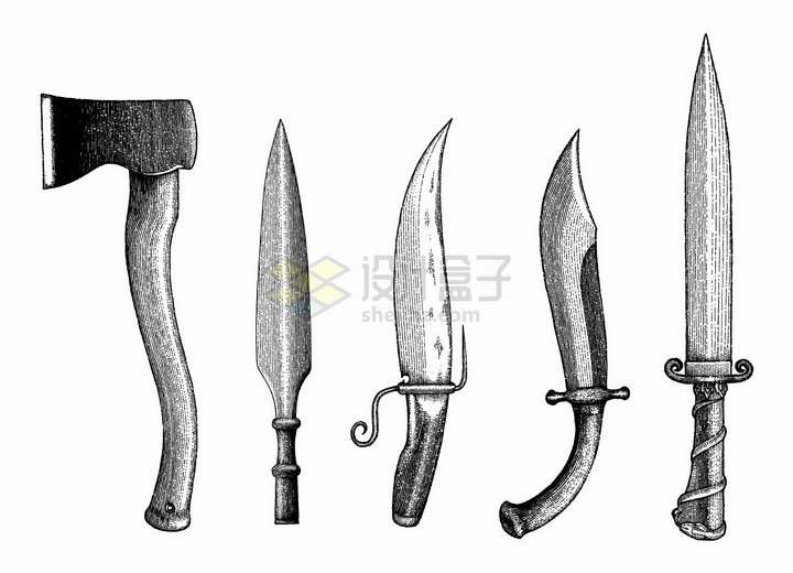 斧头匕首短剑和刀具手绘素描插画png图片免抠矢量素材