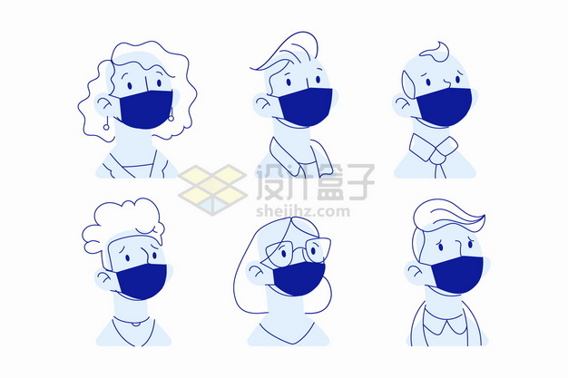 6个戴口罩的人蓝色线条插画png图片素材 健康医疗-第1张