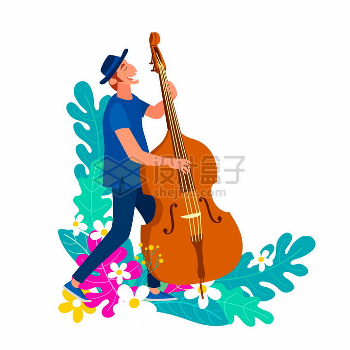 国际爵士乐日演奏大提琴的音乐家扁平插画png图片免抠矢量素材 休闲娱乐-第1张
