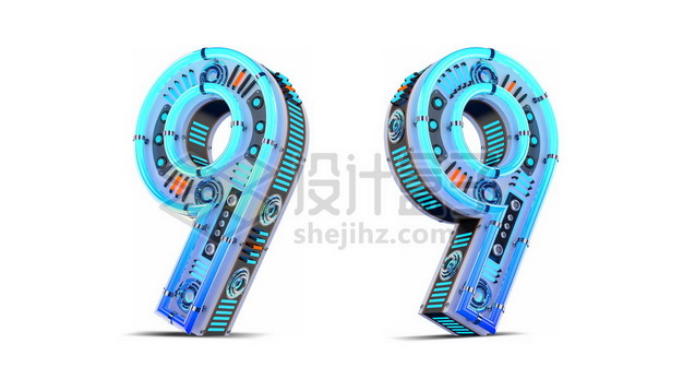 C4D风格蓝色机械3D立体数字九9艺术字体694793psd/png图片素材 字体素材-第1张
