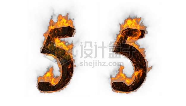 C4D风格燃烧着火焰的3D立体数字五5艺术字体502010psd/png图片素材 字体素材-第1张