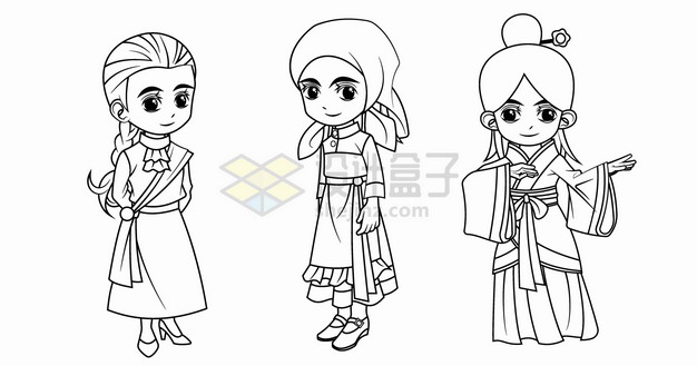 卡通女孩穿着苏格兰俄罗斯和中国传统服装手绘线条插画png图片素材 人物素材-第1张