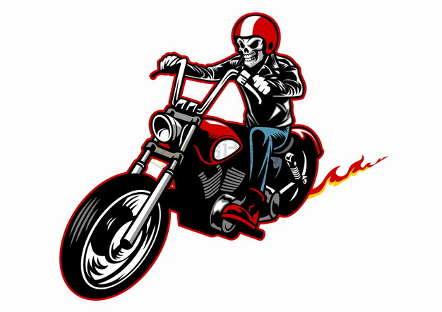 戴着红色头盔的骷髅骑着哈雷摩托车卡通漫画插画png图片素材 交通运输-第1张