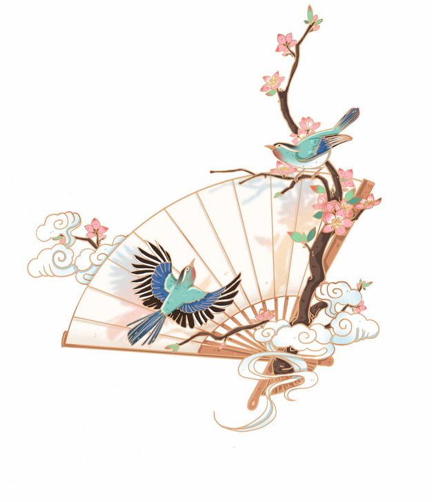 中国风国画折扇和梅花枝头上的喜鹊小鸟309475png图片素材 节日素材-第1张